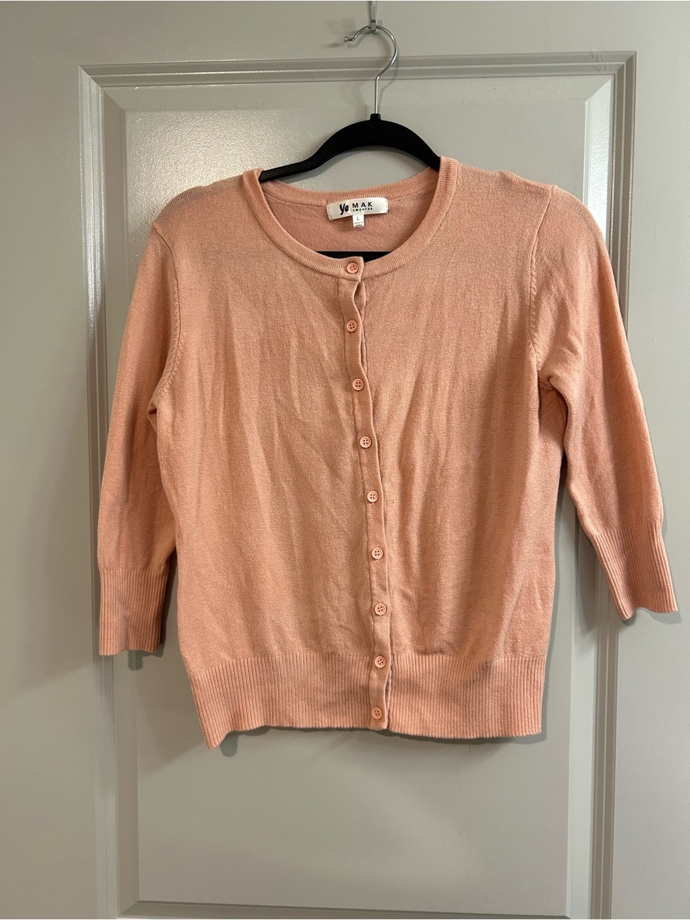 Light Peach Button-Front Crewneck Cardigan